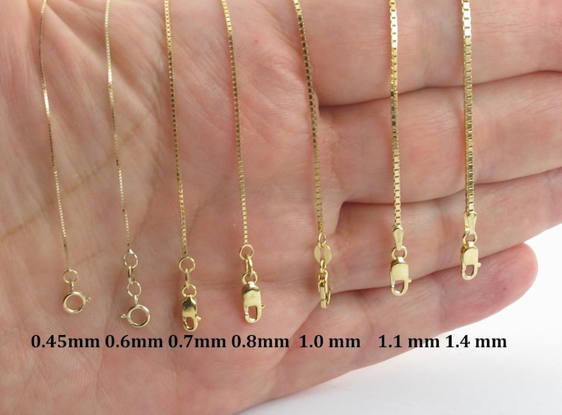 Solid 14K Yellow Gold Box Chain Necklace, 0.8mm To 1.6mm Wide