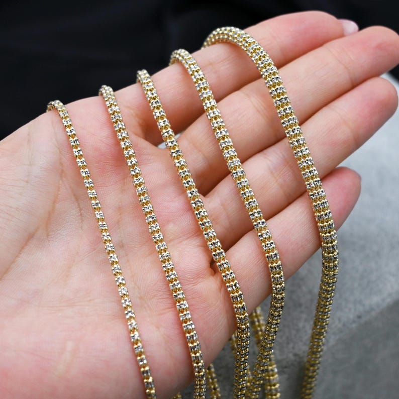 14K Gold Two Tone Diamond Cut Necklace, 2.7mm To 3.2mm Wide