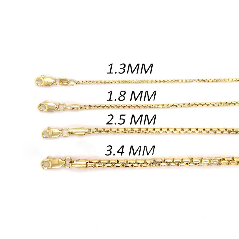 14K Yellow Gold Round Box Chain Necklace, 1.3mm To 3.5mm Wide.