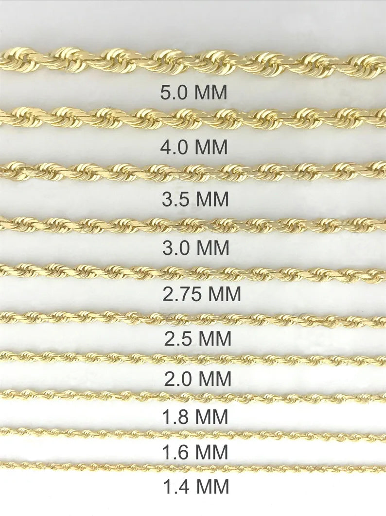14K Solid Yellow Gold Diamond Cut Rope Chain Necklace, 1.25mm to 6.0 mm Wide