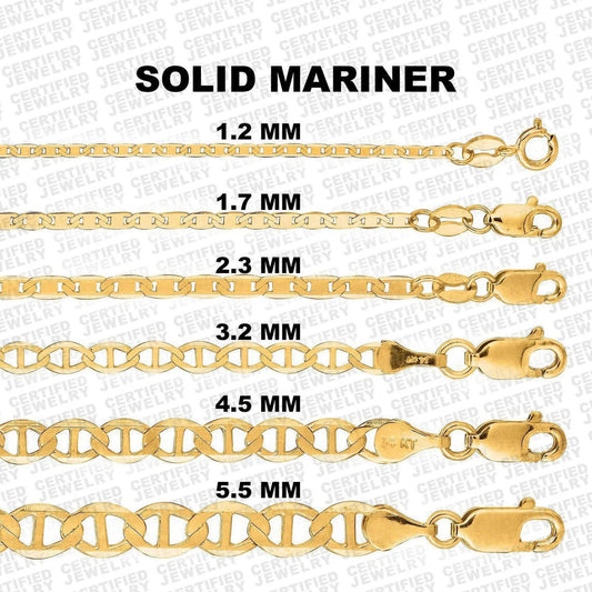 Solid 10K Yellow Gold Mariner Link Chain Necklace, 1.2mm To 5.5mm Wide