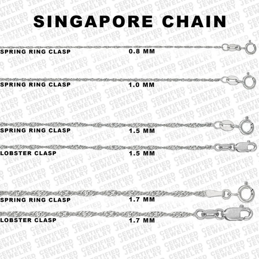 10k Solid White Gold Singapore Chain Necklace, 0.8mm - 1.7mm Wide