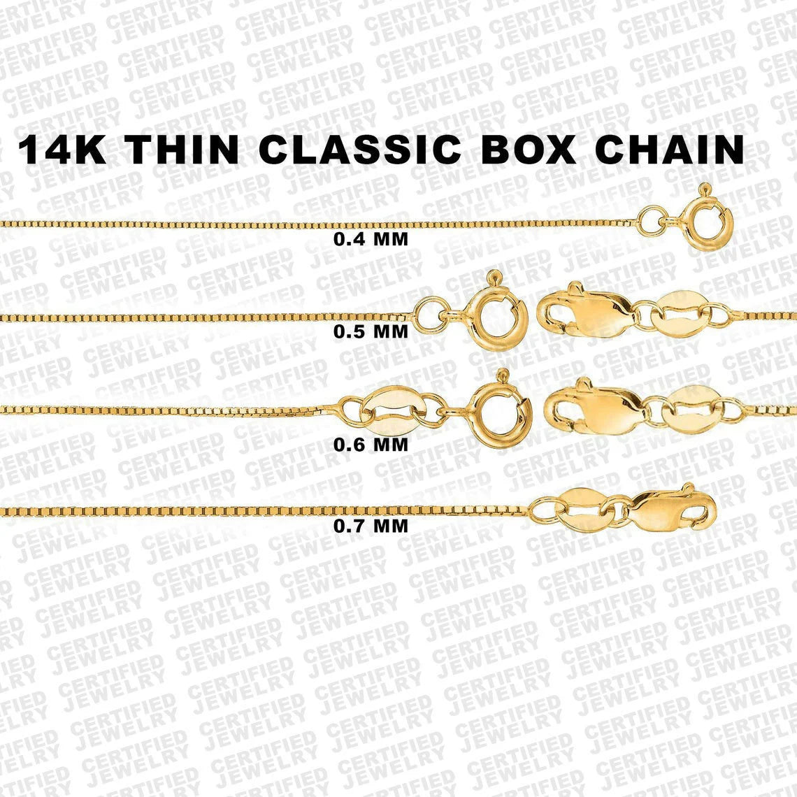Solid 14K Yellow Gold Box Chain Necklace, 0.5mm To 0.7mm Wide