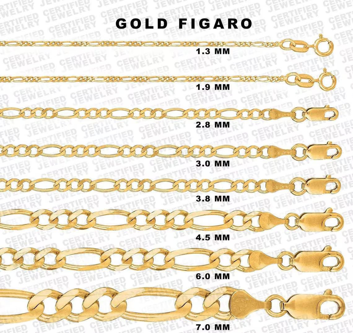 Solid 14K Yellow Gold Figaro Chain Necklace, 1.3mm To 7mm Wide.