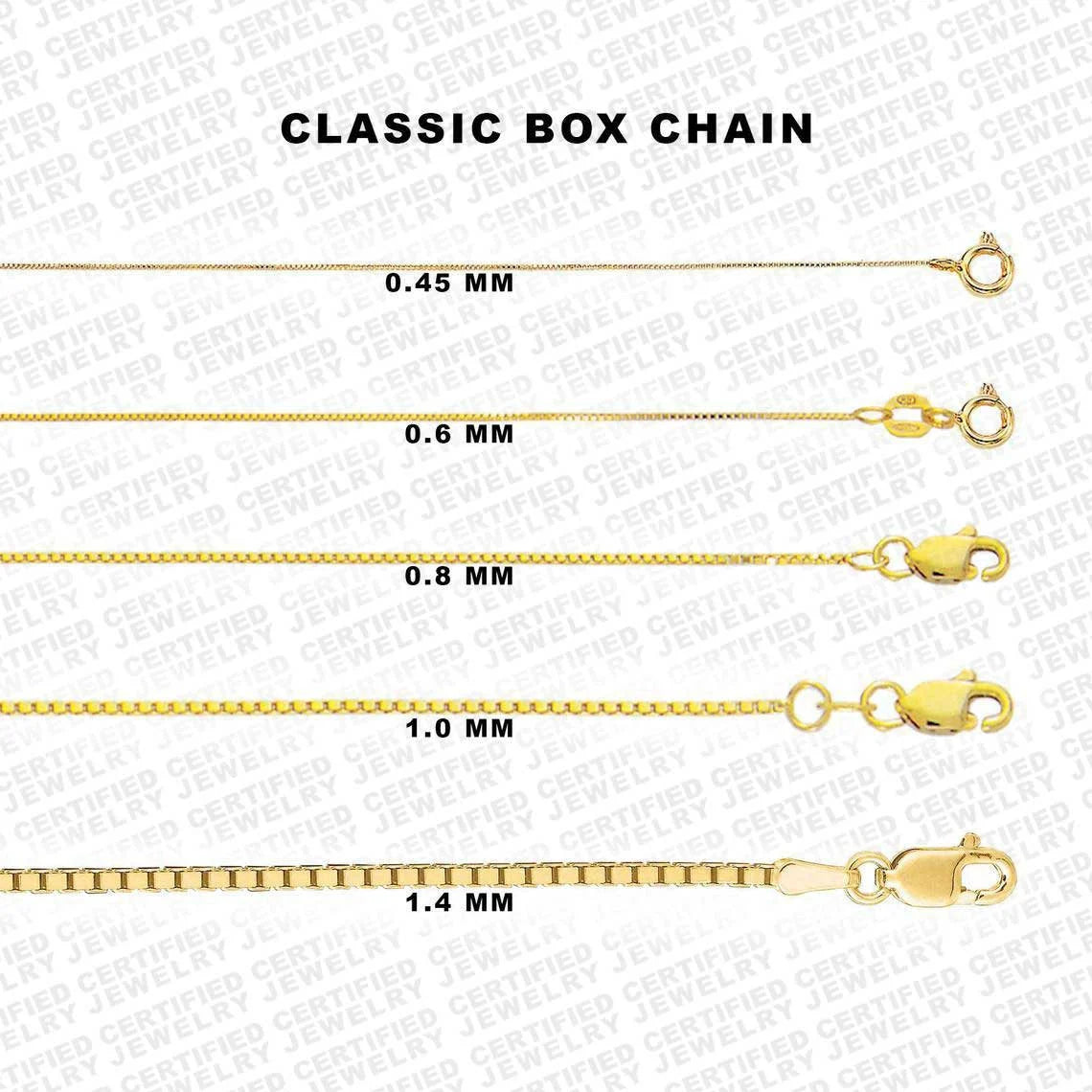 10K Solid Yellow Gold Box Chain Necklace, 0.5mm To 1.4mm Wide
