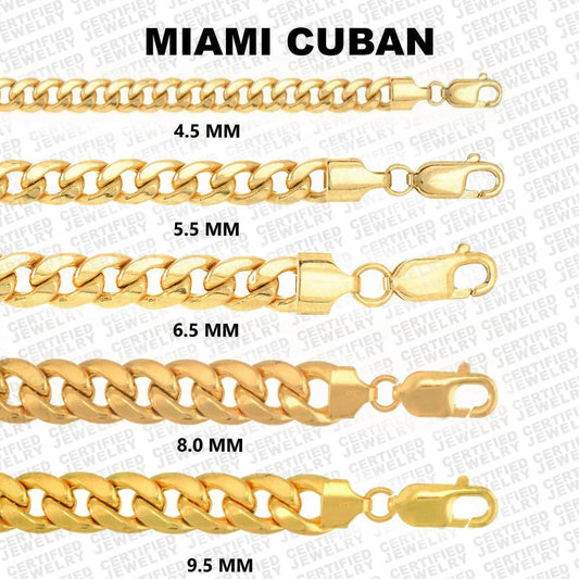 10K Semi-Solid Yellow Gold Miami Cuban Chain Necklace, 4.5mm- 9.5mm Wide