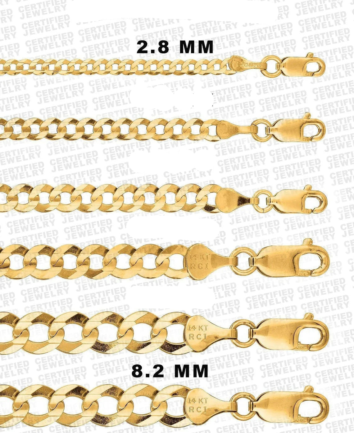 10K Solid Gold Curb Link Chain Necklace, 2.8mm - 8.2mm Wide