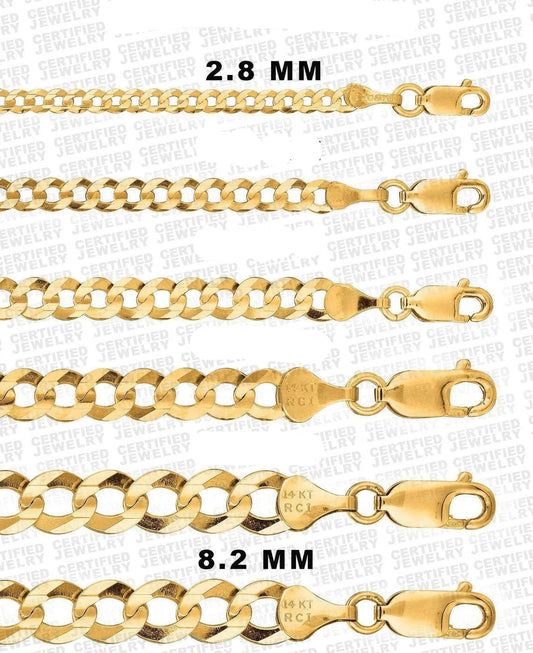 10K Solid Gold Curb Link Chain Necklace, 2.8mm - 8.2mm Wide