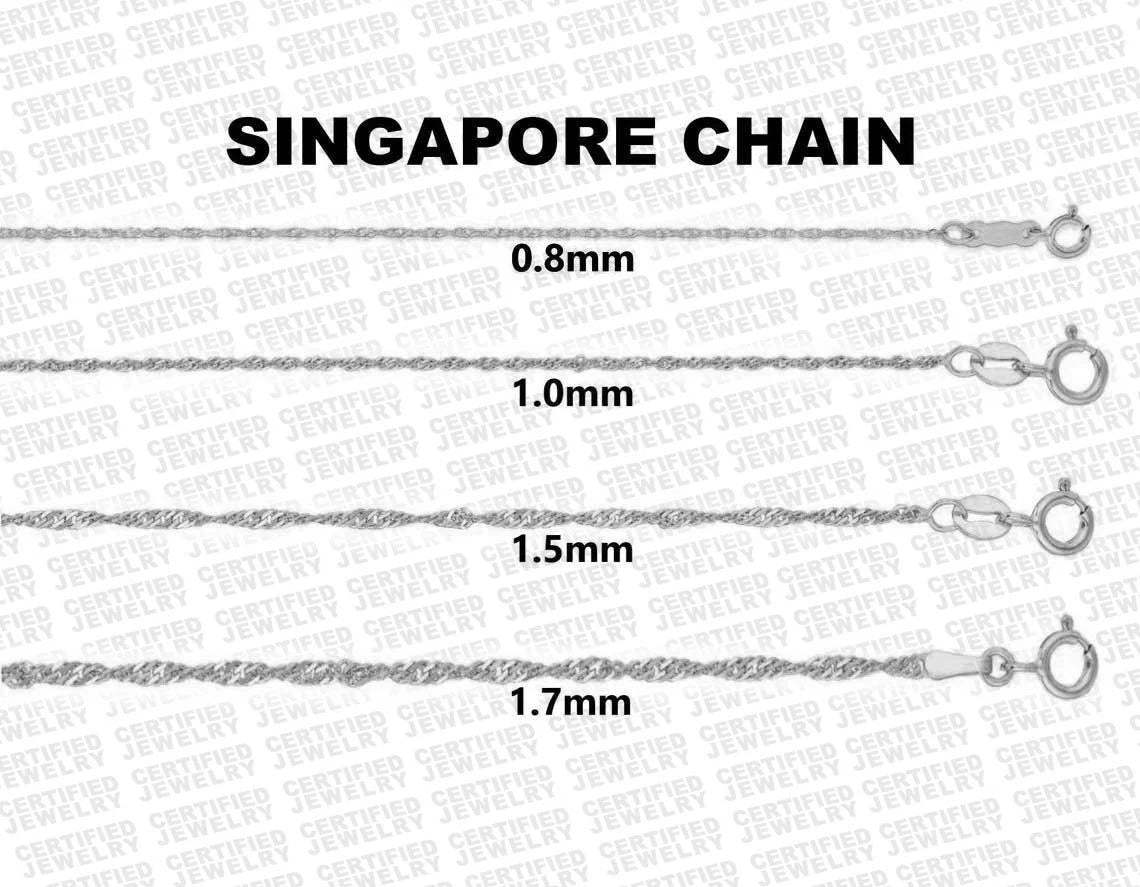 Solid 14K White Gold Singapore Rope Chain Necklace, 0.8mm-1.7mm Wide