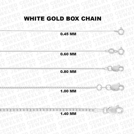10K Solid White Gold Box Chain Necklace, 0.5mm To 1.0mm Wide