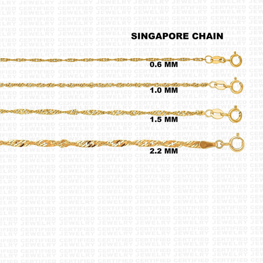 10K Solid Gold Singapore Chain Necklace, 0.8mm TO 2.2mm Wide