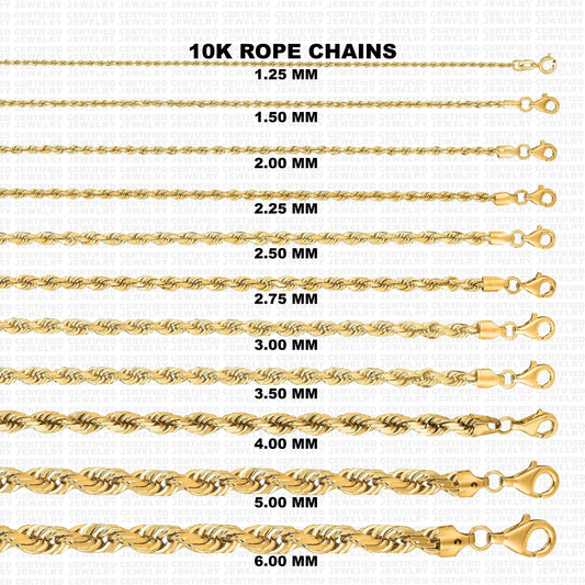 10K Solid Yellow Gold Diamond Cut Rope Chain Necklace, 1.25mm To 6mm Wide
