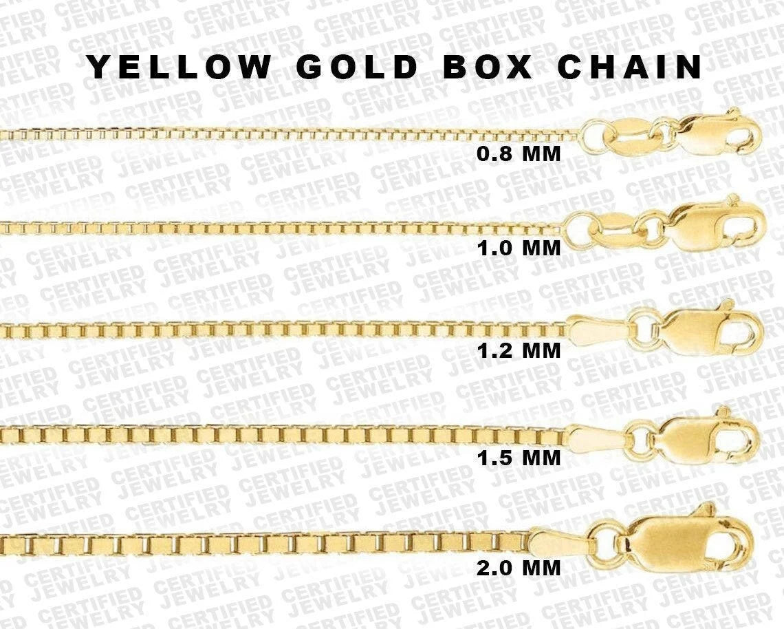 Solid 14K Yellow Gold Box Chain Necklace, 0.8mm To 1.6mm Wide