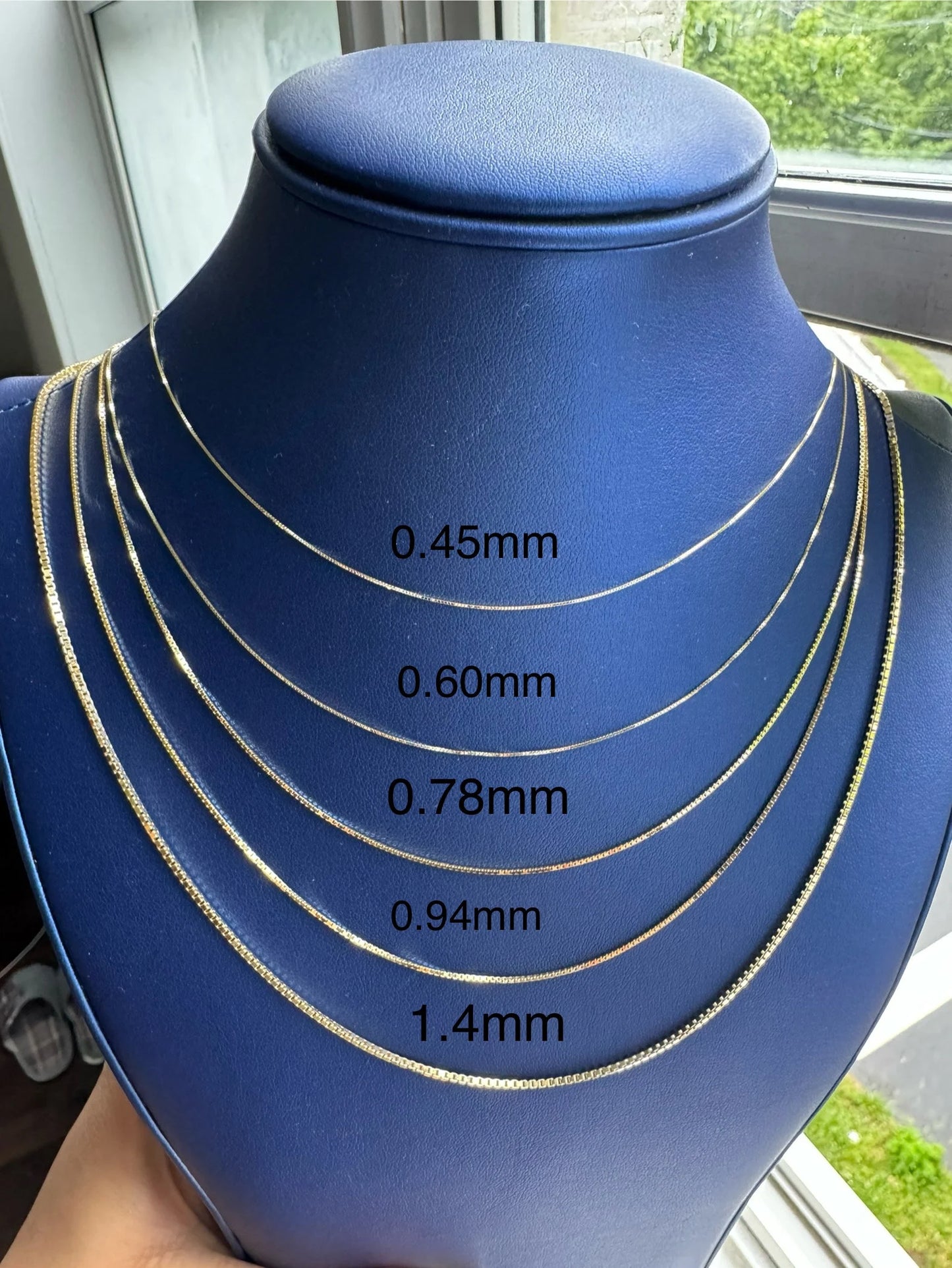 10K Solid Yellow Gold Box Chain Necklace, 0.5mm To 1.4mm Wide