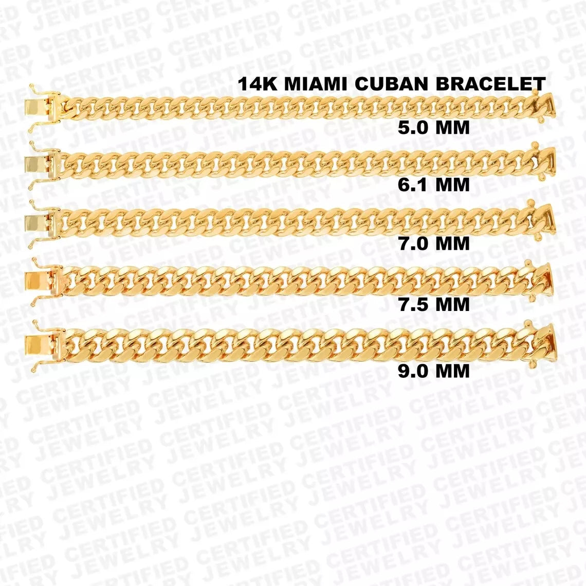 Solid 14K Yellow Gold Miami Cuban Bracelet, 5mm TO 9.25mm Wide