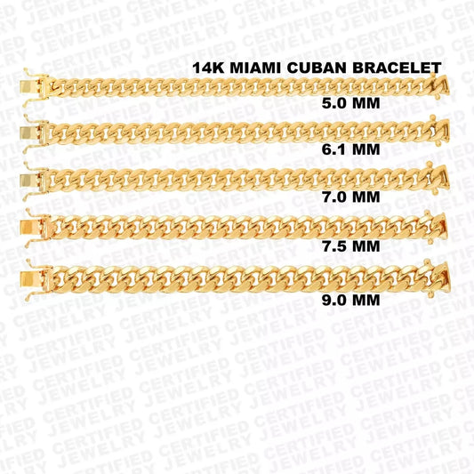 Solid 14K Yellow Gold Miami Cuban Bracelet, 5mm TO 9.25mm Wide