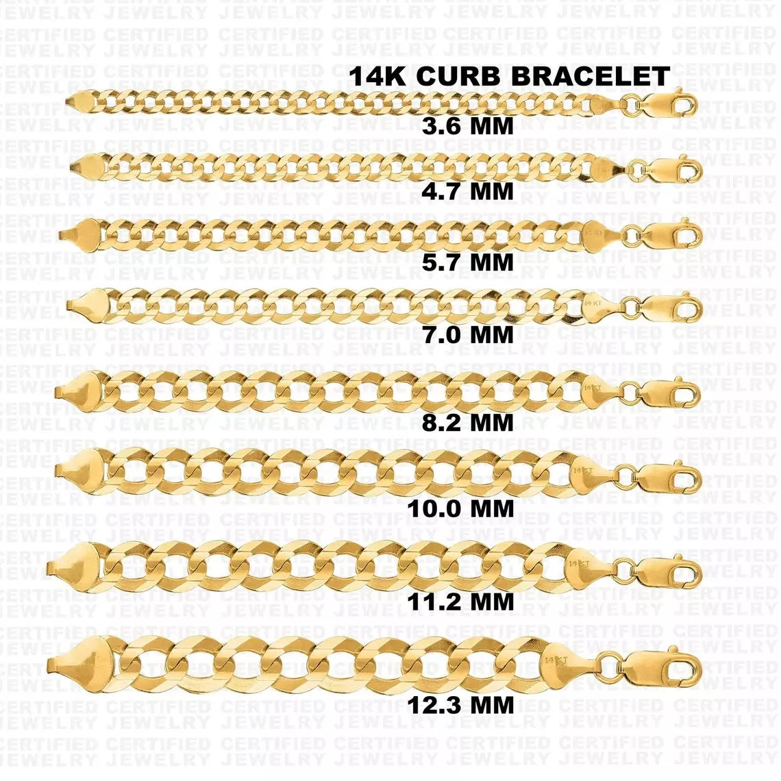 Solid 14K Yellow Gold Curb Chain Bracelet, 2.6mm TO 12.3mm Wide