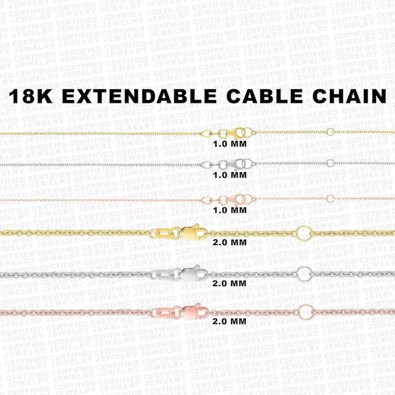 18K Solid Gold Cable Link Chain Necklace, 1.0mm to 2.0mm Wide.