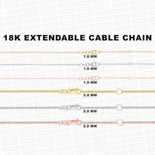 18K Solid Gold Cable Link Chain Necklace, 1.0mm to 2.0mm  Wide