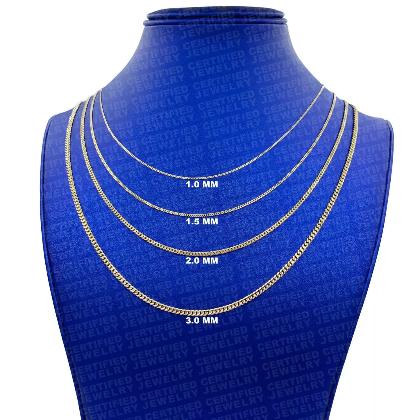 Solid 14K Gold Gourmette Chain Necklace, 1.0mm to 3.0mm Wide