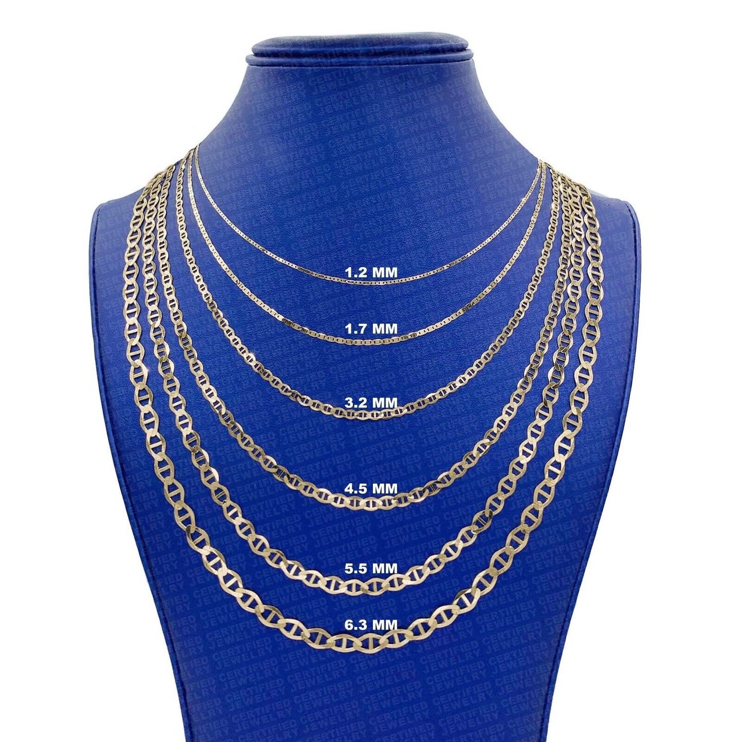 Solid 14K Yellow Gold Mariner Link Chain Necklace, 1.2mm To 6.3mm Wide