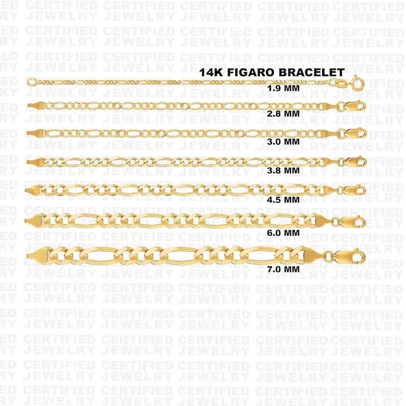 Solid 14K Yellow Gold Figaro Chain Bracelet, 1.3mm TO 7.0mm Wide