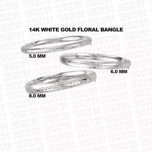 14K White Gold Polished Floral Bangle Bracelet, 5mm TO 8mm Wide