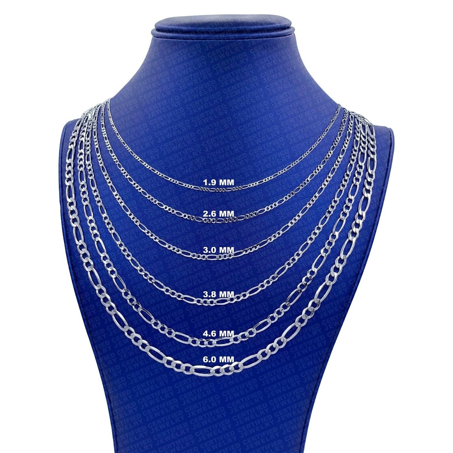 Solid 14K White Gold Figaro Chain Necklace, 1.9mm To 6mm Wide