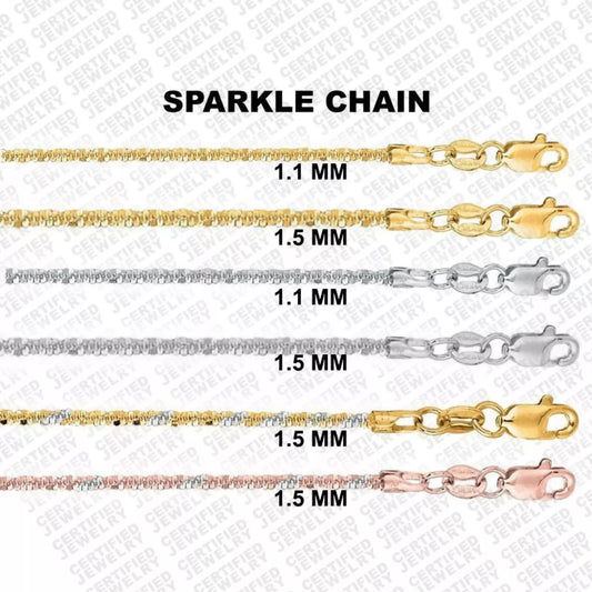 14K Solid Gold Sparkle Chain Necklace, 1.1mm or 1.5mm Wide.