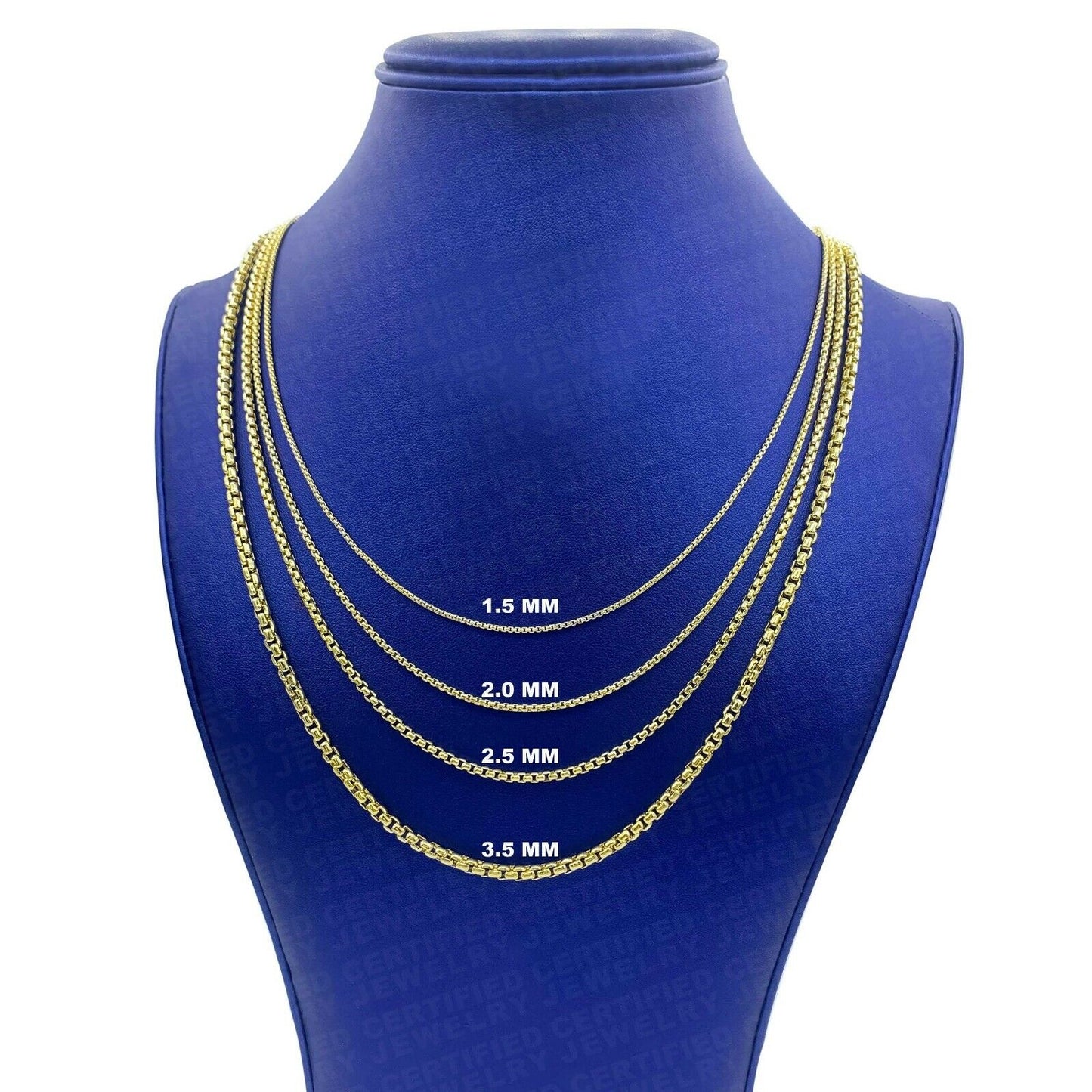 14K Yellow Gold Round Box Chain Necklace, 1.3mm To 3.5mm Wide.