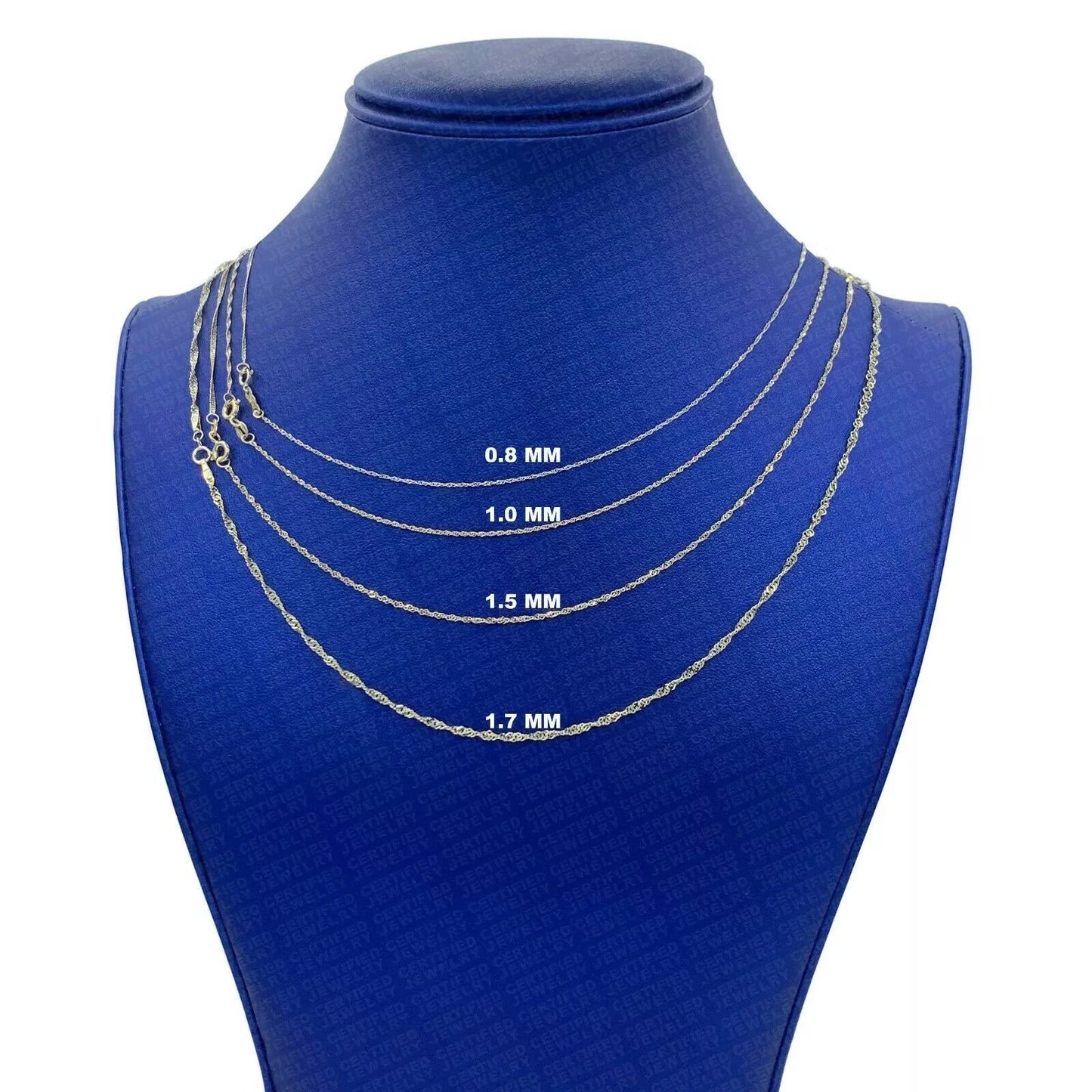 Solid 14K Yellow Gold Singapore Rope Chain Necklace, 0.6mm To 1.7mm Wide