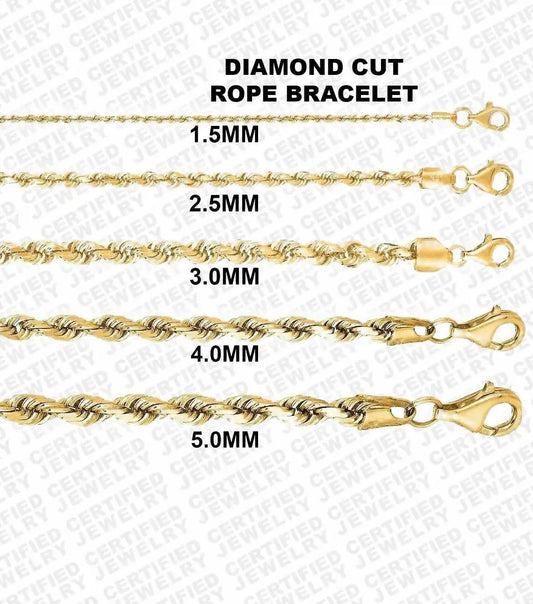 Solid 14K Yellow Gold Diamond Cut Rope Bracelet, 1.5mm To 5.0mm Wide