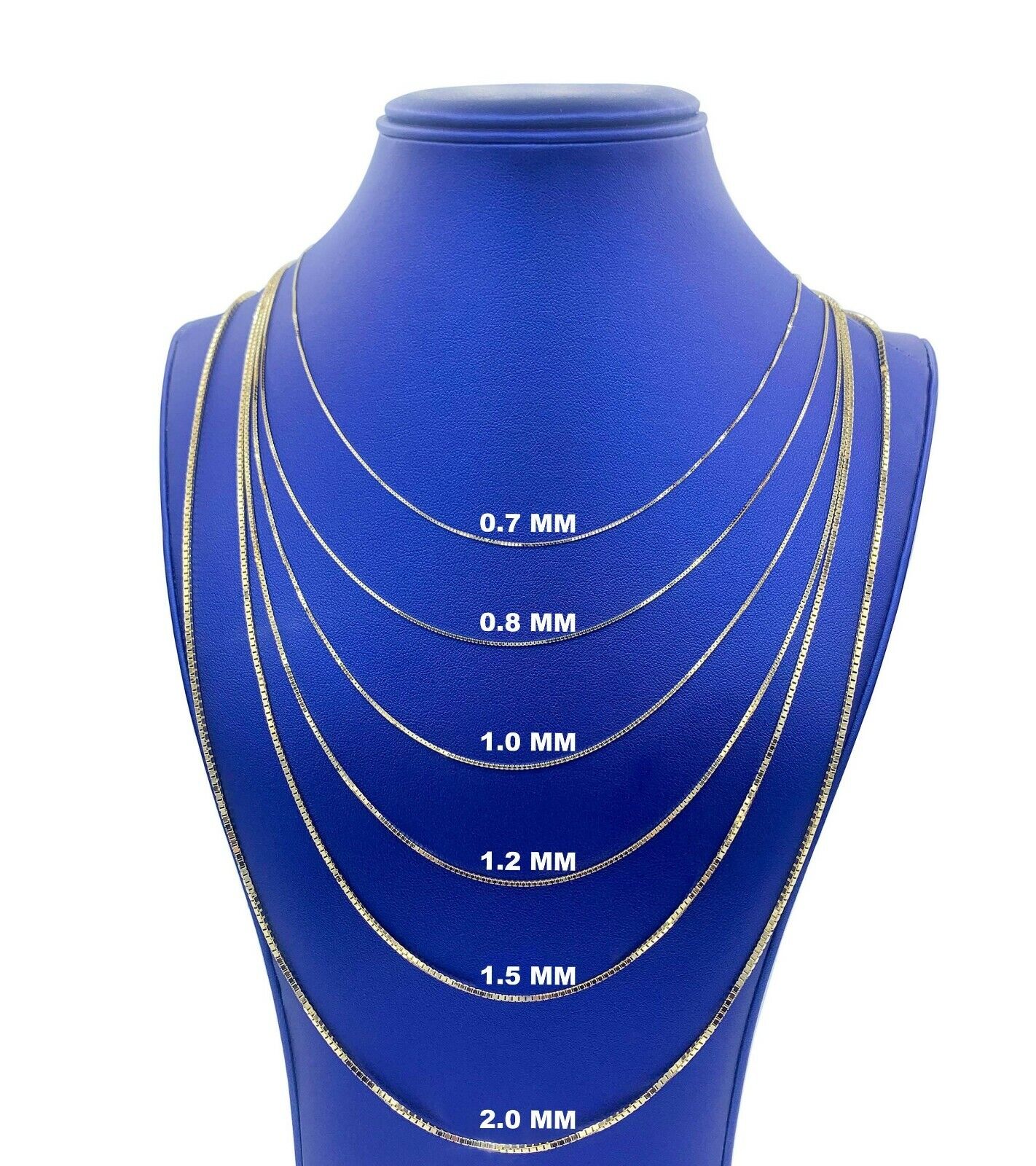 Solid 14K Yellow Gold Box Chain Necklace, 0.8mm To 1.6mm Wide