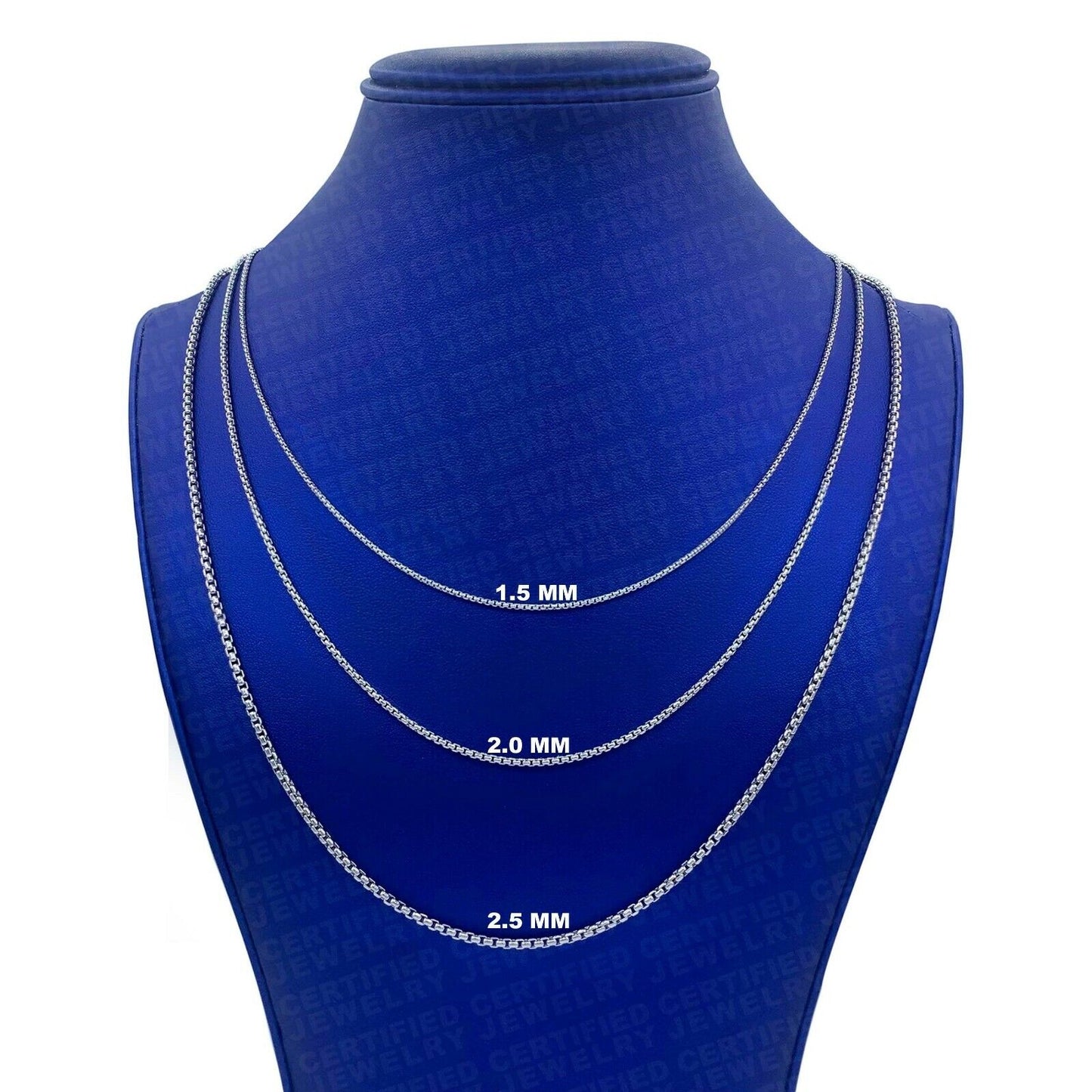 14K White Gold Round Box Chain Necklace, 1.5mm to 2.5mm Wide