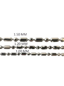 14K Solid White Gold Bar and Ball Chain Necklace, 1.0mm TO 1.50mm Wide