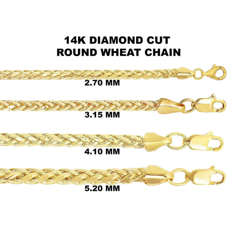 14K Yellow Gold Diamond Cut Round Wheat Chain Necklace