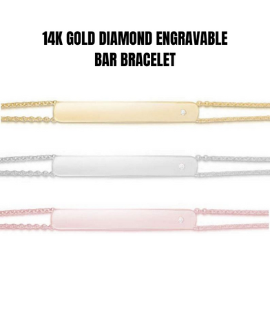 Solid 14K Gold Diamond Engravable Bar Bracelet