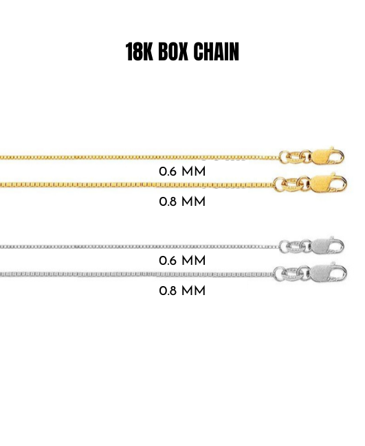 18K Solid Yellow or White Gold Box Link Chain Necklace, 0.6mm to 0.8mm Wide