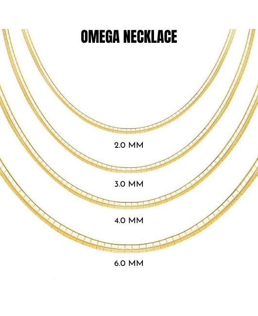 14K Solid Gold Classic Omega Chain Necklace, 2.0mm to 6.0mm Wide