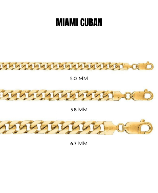 14K Solid Yellow Gold Miami Cuban Chain, 5.0mm to 6.7mm Wide