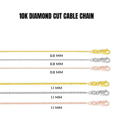10K Solid Yellow, White Or Rose Gold Diamond Cut Cable Link Chain Necklace
