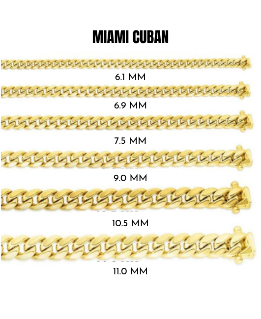 14K Yellow Gold Miami Cuban Chain Necklace, 6.0mm to 11.0mm Wide.