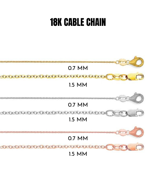 18K Solid Yellow, White Or Rose Gold Cable Chain Necklace, 0.7mm to 1.5mm Wide