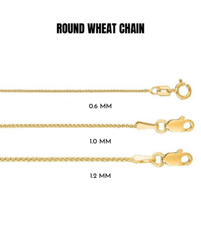 14K Solid Yellow Gold Diamond Cut Round Wheat Chain Necklace