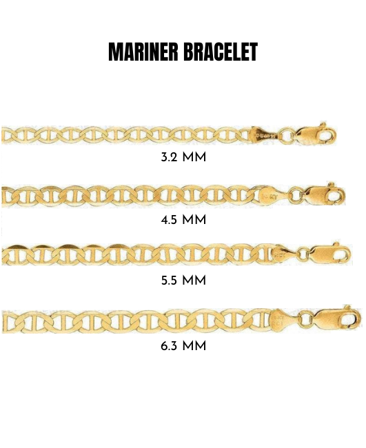 Solid 14K Yellow Gold Mariner Link Chain Bracelet, 3.2mm TO 6.3mm Wide