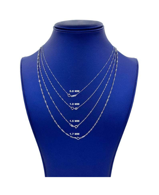 Solid 14K White Gold Singapore Rope Chain Necklace, 0.8mm-1.7mm Wide