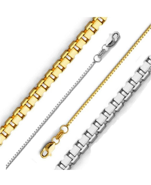 18K Solid Yellow or White Gold Box Link Chain Necklace, 0.6mm to 0.8mm Wide.
