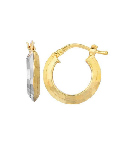 10k Yellow and White Gold Diamond Cut Fancy Round Tube Two Tone Hoop Earring