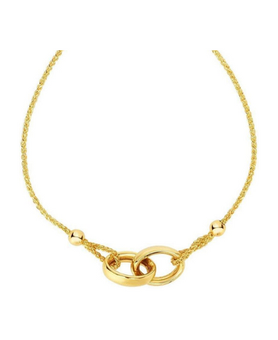 14k 9.25" Yellow Gold Interlocked Double Ring Center on Wheat Chain Bracelet