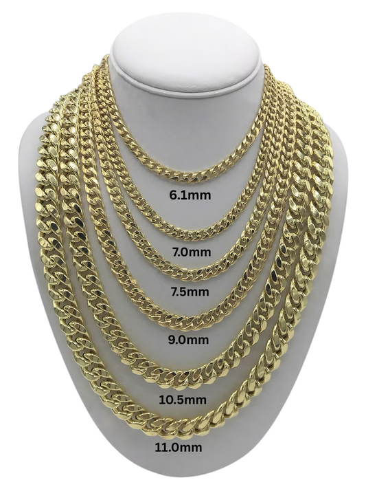 18K gold Cuban link chains in six widths from 6.1mm to 11.0mm at Certified Jewelry NYC
